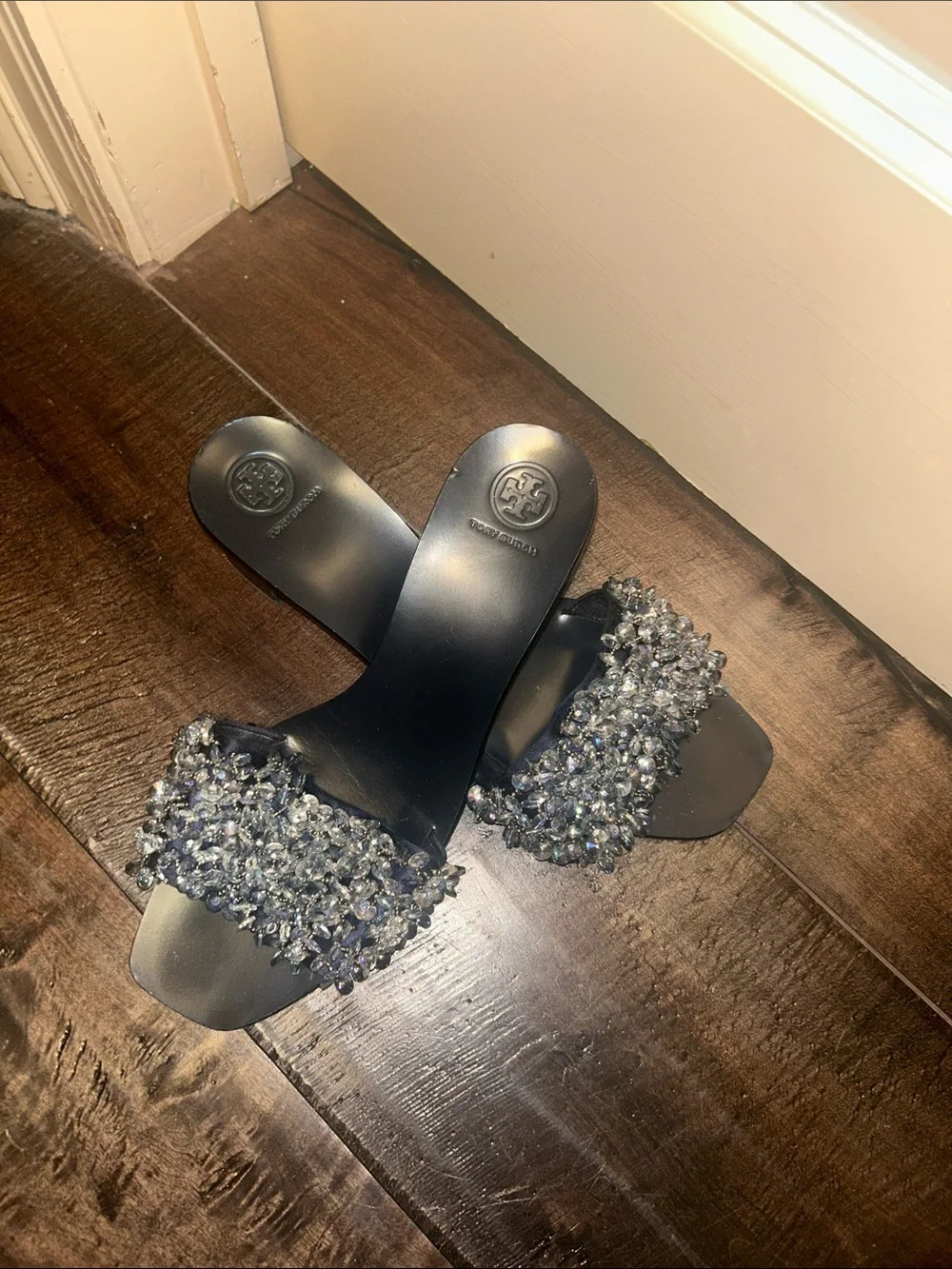 Tory Burch Embellished Blue Slide Sandal with Crystal Accent